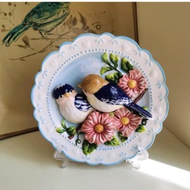 Minigift Ceramic Collections Plate, 3D Hand Painted Love Bird and Hibiscus Flower Decorative Tray with Display Stand -8"