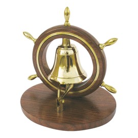 Sea-Club Table Bell in Steering Wheel Bell Brass & Wood Maritime Decoration