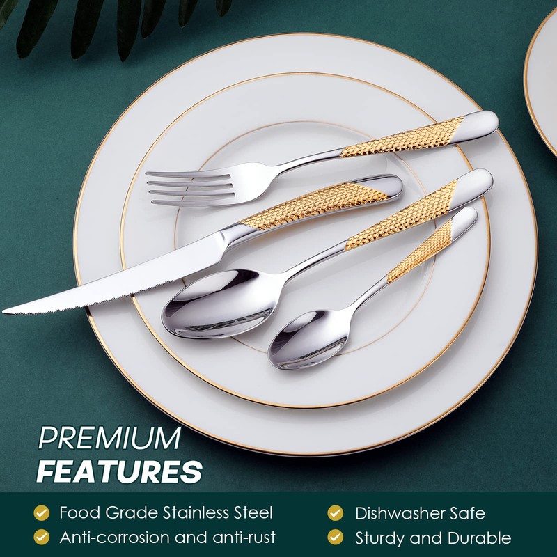 Hammered Silver Gold Silverware Set, OGORI 24-Piece 18/10 Stainless Steel