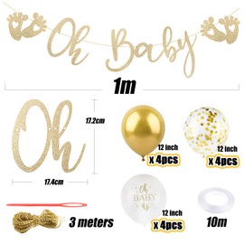 BETESSIN Oh Baby Garland Gold Baby Shower Decoration Banner Paper and 12 Pieces Latex Balloons (12 Inches) Hanging Decoration for Baby Shower Baby Shower Gender Reveal Party Christening etc.