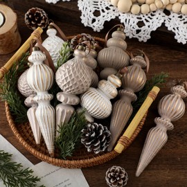 Yunlly 9 Pcs Neutral Christmas Ornaments Textured Christmas Tree Decor with Hanging Loop Matte Hanging Ornaments Shatterproof Home Decor for Xmas Vintage Rustic Farmhouse Decoration(Modern Color)