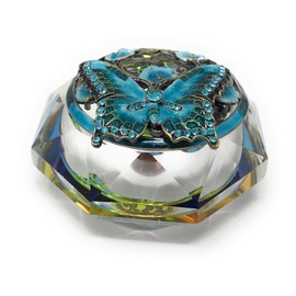 Kubla Crafts Enameled Aqua Butterfly and Flowers on Cut Glass Trinket Box, Accented with Austrian Crystals, 3 Inches Diameter
