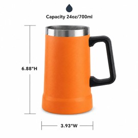 Insulated Beer Stein Tumblers, Orange, 24 ounces(No Straw, No Lid)