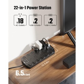 SUPERDANNY Surge Protector Power Strip, SUPERDANNY 18 AC Outlets with 4 USB Ports, 1875W/15A, 2100J, 6.5FT Flat Plug Heavy Duty Extension Cord with Wall Mount Holes for Home, Office, Gaming Room,Dorm, Black