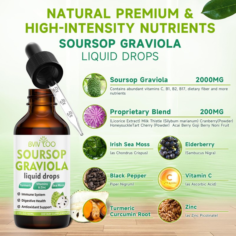 Soursop Graviola Liquid Drops - 2000mg Pure Soursop Extract Blended