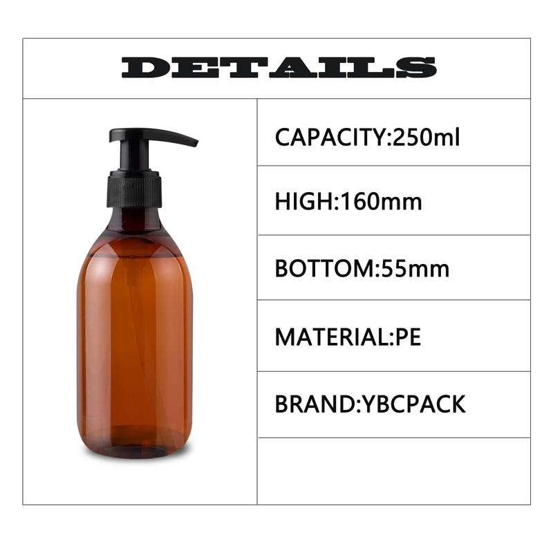 YBCPACK 8 Pack 250ml Plastic Soap Dispenser Bottles,Amber Pump Bottle