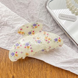 3.3" Floral Pattern Print Vintage Hair Claw Clip Non-Slip French Countryside Shell Hair Accessories for Women Girls Thin Hair, Style B