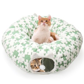 PLITTPETTS Cat Tunnel Bed for Indoor Cats, Soft Cute Cat Donut Tunnel with Washable Circle Cushion, Under Christmas Tree Peekaboo Cat Cave, Round Pet Play Tunnel Toy for Kitten/Rabbit/Puppy, Green