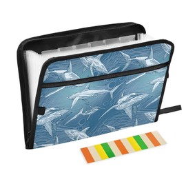 VIGTRO 13 Pocket Accordion File Organizer Japanese Style Shark Expanding File Folder with Zipper & Labels, Summer Sea Fish Letter A4 Paper Document for Office Classroom