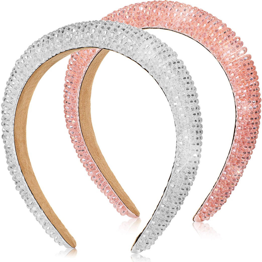 2 Pieces Rhinestone Diamond Beaded Headbands for Women Girls Crystal Padded Headband Baroque Hairband Hair Hoop Jewel Wide Headpiece Hair Accessories (Pink, White)