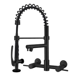 Pirooso Commercial Wall Mount Kitchen Faucet with Pre-Rinse Sprayer & Pot Filler - 8-Inch Center High Arc Spring Faucet with Two Handles - Modern Black Finish for Kitchen Sinks