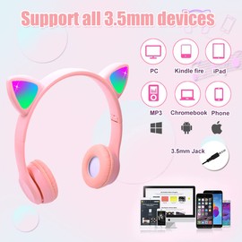 Joso Kids Headphones, Bluetooth Cat Ear Headphone with Mic, LED Light for Online Learning, School, Travel, Tablet, Smartphone, Wireless Headset Foldable for Girls Boys Aged 5+ (Pink)