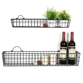 MyGift Country Rustic Wall-Mounted Openwork Black Metal Mesh Storage Baskets Display Racks, Set of 2