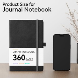 NORDUN A5 Graph Notebook Thick Journal,360 Pages Black Notebooks for Writing,Squared Notebook,100gsm Paper Hardcover Leather Journal for Women Men Office School Work,Sticky Tabs,14.5 x 21cm - BLACK