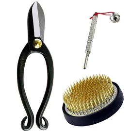 Wazakura 3PCS Japanese Ikebana Essential Tool Set Made in Japan, Floral Arrangement Kit [ Ikenobo Scissors + 61mm Round Brass Kenzan + Flower Pin Holder Care Tool ]
