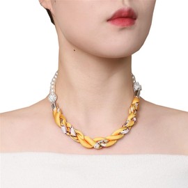DDNFO Elegant Pearl Chain Necklace Scarf with Magnetic Clasp Solid Color Satin Scarf,Skinny Silk Neckerchief(P13) (B)