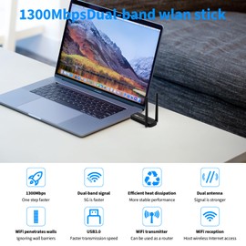 USB WLAN Stick Adapter for PC - Internet Stick 1300 Mbps USB 3.0 Dual Band 2.4GHz/5.8GHz WLAN Adapter PC with 2 x 5dBi Antenna PC/Laptop, Compatible with Windows 11/10/8/7/Vista/XP, Mac OS 10.9-10.15