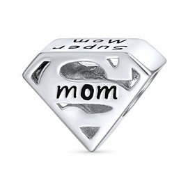Mothers Day Diamond Shape Saying Word SUPER MOM Charm Bead For Women Wife Oxidized .925 Sterling Silver Fits European Bracelet