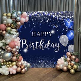 12x8ft Blue Birthday Backdrop Blue and Silver Balloons Glitter Happy Birthday Photography Background for Men Women 30th 50th 60th Birthday Backdrop Party Decorations Banner Studio Photo Booth Props