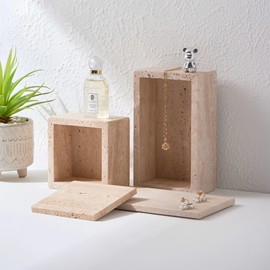 Artisanal Abode Natural Marble Storage Square Containers Cotton Swab Holder, Organizers with Lids,Travertine Stone Box for Qtips, Makeup, Bathroom Essentials & Home Storage (square box)