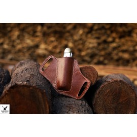 Handmade Leather Sheath for Pocket Knives, Slanted Pancake/Tooled/Belt/Trapper Style, TAN, 100% Real Leather (Brown)