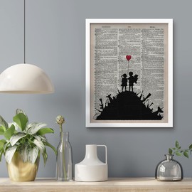 SIGNWIN Framed Kids Playing on Guns and Weapons, Banksy Wall Art, Vintage Newspaper, Old Grey Dark, Peace, Love Wall Decor Prints, Inspirational Wall Décor for Living Room, Bedroom - 11"x14" White