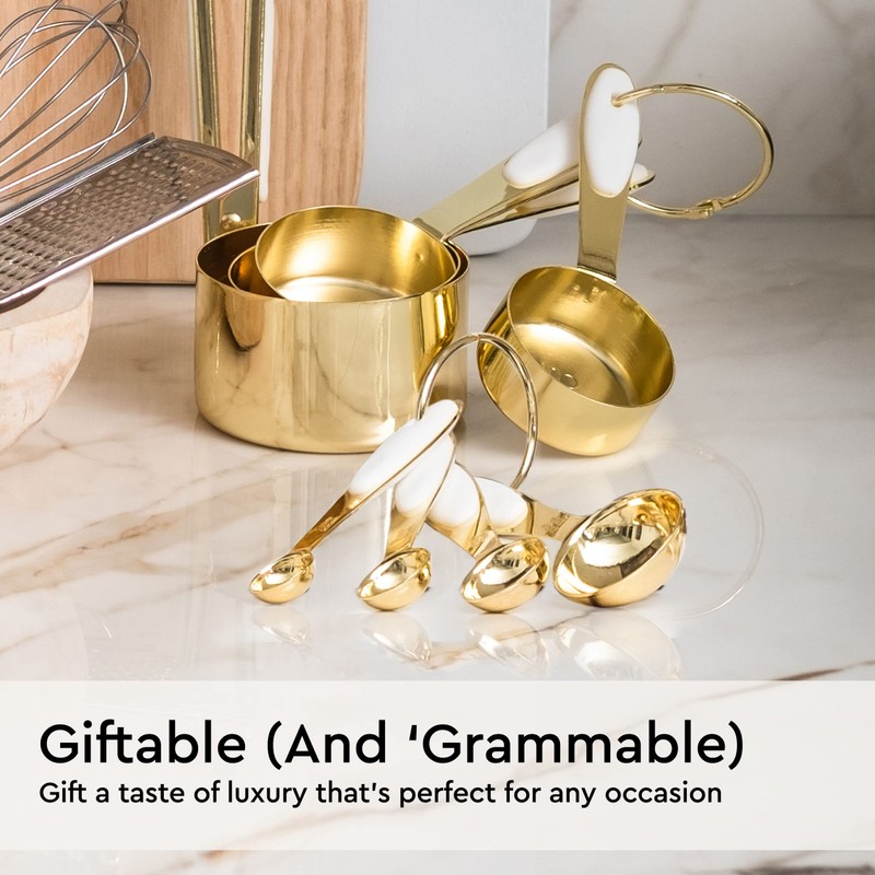 White and Gold Measuring Cups and Spoons Set – 8-Piece
