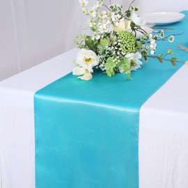 10 Pack Satin Table Runner 12 x 108 Inch Long Bright Silk Smooth Fabric Table Runners for Wedding, Birthday Parties, Banquets Decorations - Turquoise