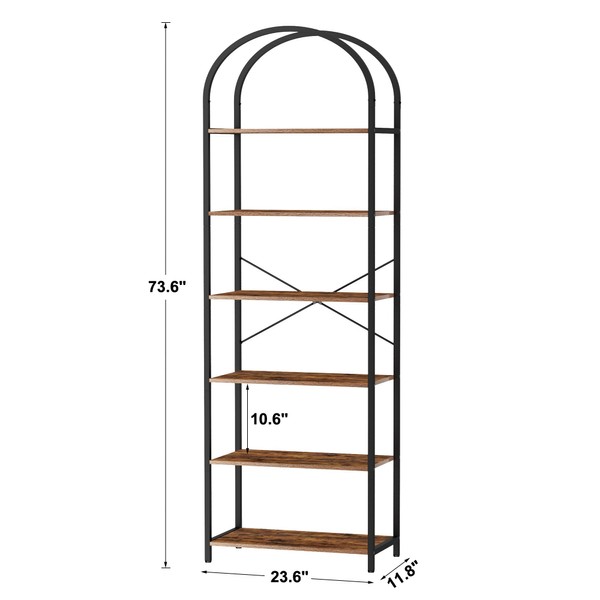 Homhedy Homhedy 6-Tier Bookshelf Arched Display Racks, Wood and Metal