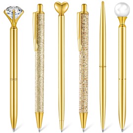 Qeeenar 6 Pcs Ballpoint Pens Set Metal Crystal Diamond Pen for Journaling Glitter Pretty Cute Stationery Black Ink Fancy Gifts for Women Girls Teacher Office Wedding School Supplies(Gold)