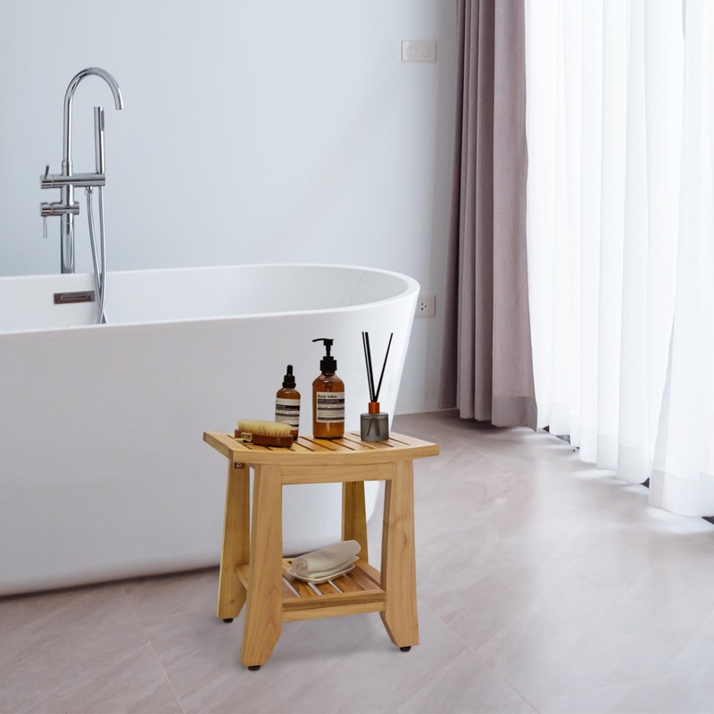 Teak Shower Bench Stool, 14'' Compact Waterproof Wooden Sauna Bath