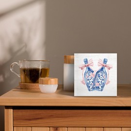 Luipk Preppy Trendy Coquette Room Wood Box Sign Desk Decor, Bow Chinoiserie Vase Decor, Girly Coquette Wooden Block Sign Decorations for Home Bathroom Dorm Girls Room Wall Tabletop Shelf Decor