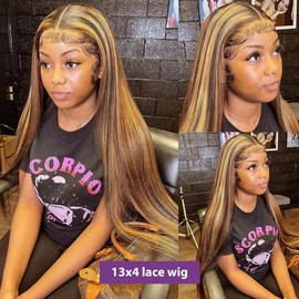 KFgood Ombre Lace Front Wig Human Hair 22inch Highlight 13x4 HD Straight Lace Front Wigs Human Hair 200% Density 4/27 Colored Honey Blonde Wig Human Hair Glueless Pre Plucked with Baby Hair