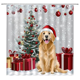 GCTNBJL Christmas Dog Shower Curtain Cute Animal Funny Dog Xmas Tree Snowflake for Pet Lover Winter Holiday Festival 70x70(WxH) Inches Bathroom Decor Fabric Curtain with Hooks