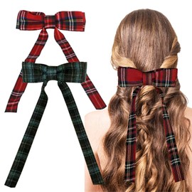 AYNKH 2Pcs Plaid Flutter School Bow Hair Clips, Red Plaid and Green Plaid, Scottish Fashion Style, Festive Accessories for Girls Women