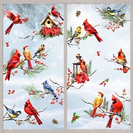AnyDesign Winter Cardinals Window Clings 9 Sheets, Christmas Red Birds Glass Stickers Poinsettia Pine Cone Window Decals Xmas Kerosene Lamp Branches Decorative Double-Side Stickers, 7.9 x 11.8 Inch