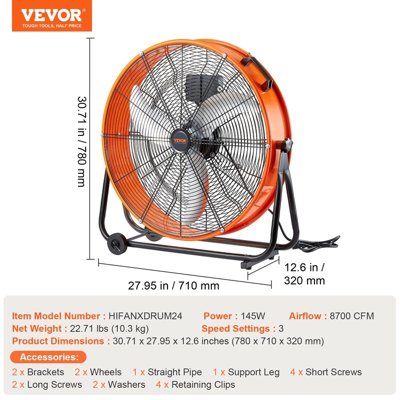 VEVOR 24" Industrial Drum Fan, 8700 CFM High Velocity Floor