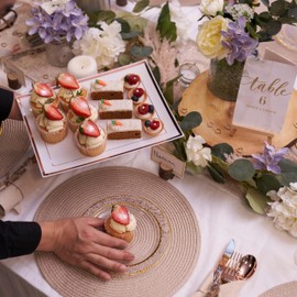 MATANA 12 White Plastic Serving Platters with Rose Gold Border, Food Party Trays - 30x23cm - Buffets, Weddings, Birthdays, Christmas, Parties - Elegant, Sturdy & Reusable