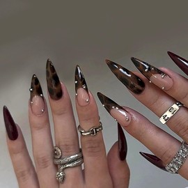 MERVF Long Stiletto Press on Nails Brown Leopard French Tip Fake Nails Glue on Nails with Rhinestones Press ons Cheetah Almond Acrylic False Nails for Women Glossy 24pcs