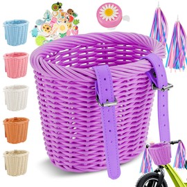Fouvin Children's Bicycle Basket, Braided, Front, Removable, with Bells, Streamers, Bicycle Bell, Sticker (Purple)