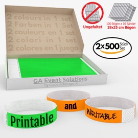 Green and Orange Value Pack: 2 x 500 Tyvek Entrance Wristbands to Design and Print Yourself by GA Event Solutions - Party Admission Bands, Festival Bracelets for Your Event