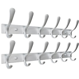 SKOLOO Coat Rack Wall Mounted - 6 Hooks, Pack of 2, Heavy Duty, Stainless Steel, Metal Wall Hanger, Sturdy Coat Hooks for Hanging Coats, Jacket, Clothes, Hat, Cold Light Silver