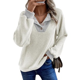 EVALESS Womens Long Sleeve Shirts Fall Fashion 2025 Patchwork Button Up V Neck Oversized Sweatshirt Casual Trendy Pullover Teacher Outfits Tops White Small