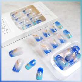AROVFAM 24Pcs Blue Gradient Press on Nails Glossy Gold Glitter False Nails French Tips Gel Glue on Nail Sparkly Ombre Curve Line Acrylic Fake Nail Sea Marble Stick on Fingernails for Manicure Art Women Girls