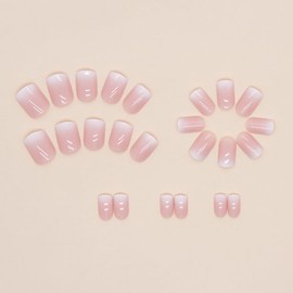 Pink Press on Nails Short Square Fake Nails Gradient Pink White False Nails with White Tip Square Shaped Glue on Nails Pink Stick on Nails Full Cover Acrylic Nails Glossy Artificial Nails