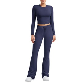 YEOREO Two Piece Sets for Women Long Sleeve Tops Lounge Set Drawstring Wide Leg Pants Ava Matching Navy Blue M