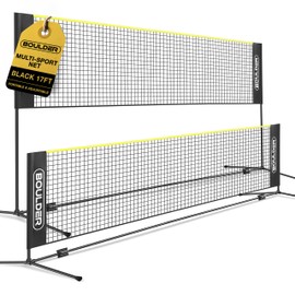 BOULDER Portable Badminton Pickleball Net - Foldable / Extendable Poles for Multiple Sports Heights (UP to 5 ft) - Ideal for Tennis, Pickleball, Soccer Tennis - Easy Setup (Black, 17 FT)