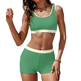 KerryKreey Women 2 Piece Sporty Swimsuits Color Block High Waisted Bikini Teen Crop Tummy Control Tankini Bathing Suit Shorts