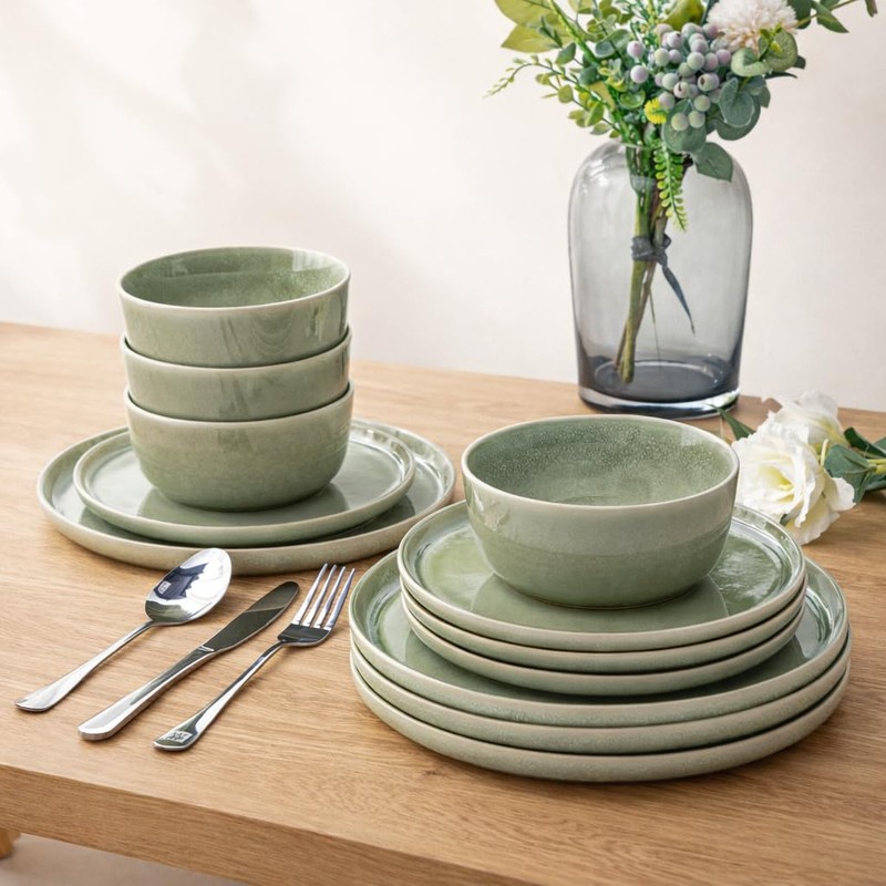 AmorArc Stoneware Dinnerware Sets,Round Reactive Glaze Ceramic Plates and Bowls