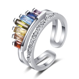 925 Sterling Silver Ring for Women, Solid Silver Romantic Rainbow Crown Opening Ring for Women Jewelry, with 5A Cubic Zirconia，Adjustable Size